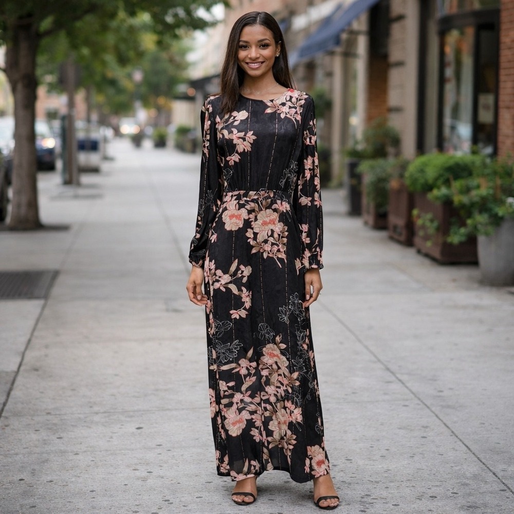 Harlyn Floral Jacquard Jumpsuit‎ BlK Medium Black Wide Leg Long Sleeve Boho Chic